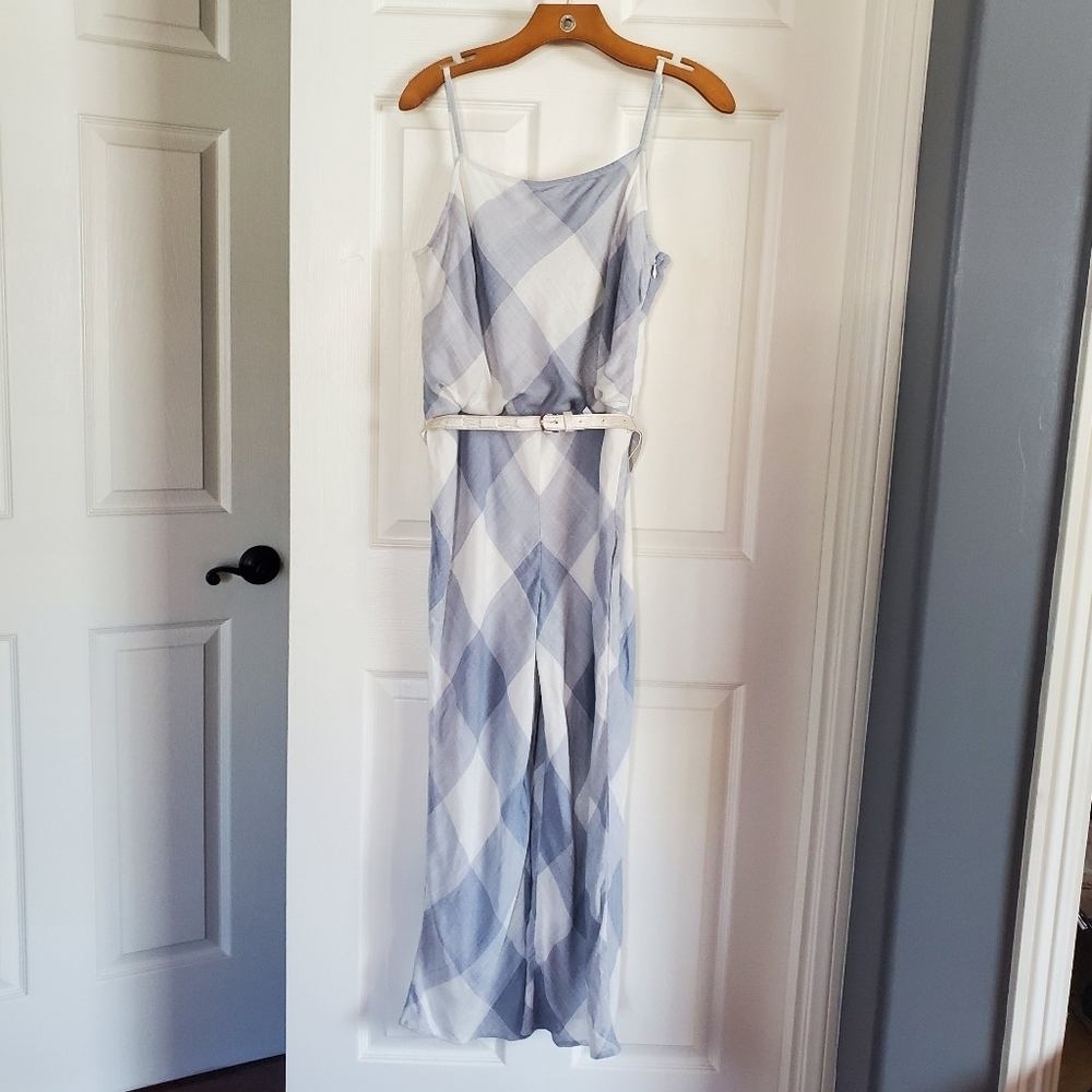 Tularosa Lloyd Jumpsuit Blue White Plaid Sleeveless Straight Leg With Belt Small